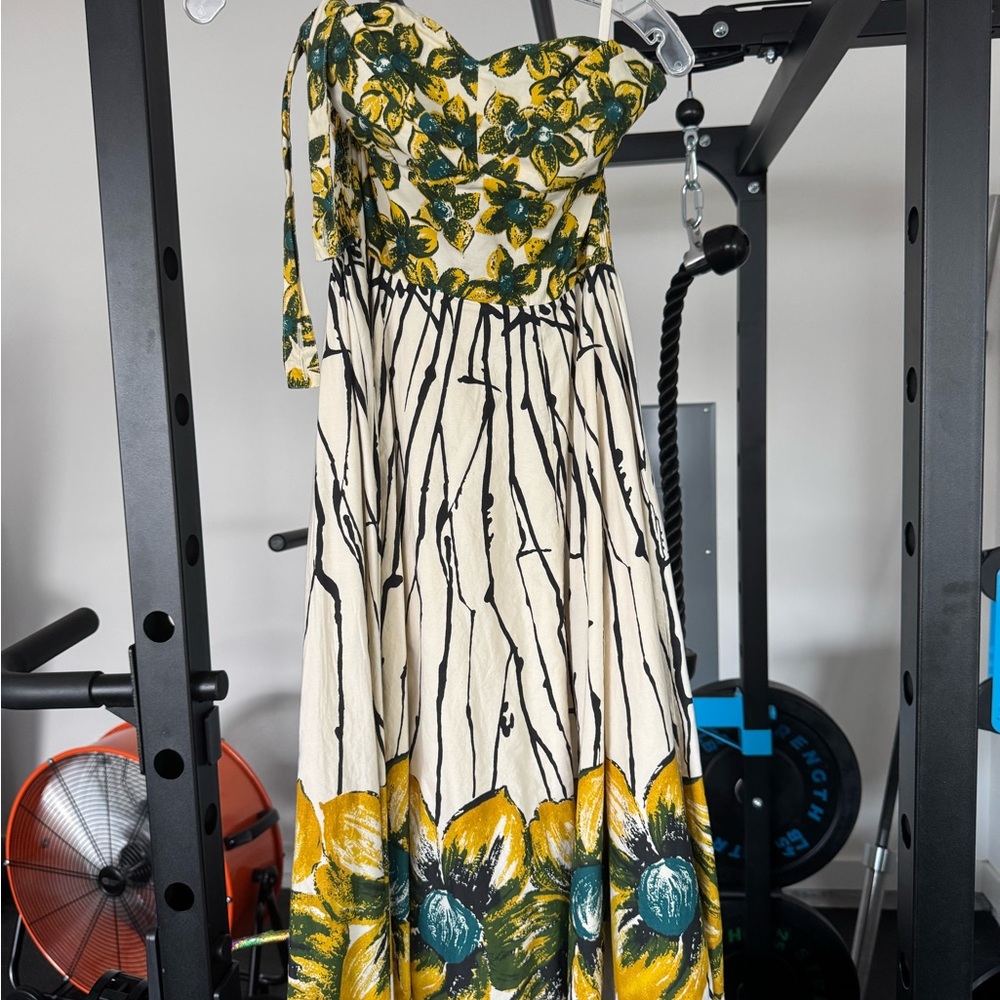 Anthropologie Strapless Floral Midi Dress - Green and Yellow